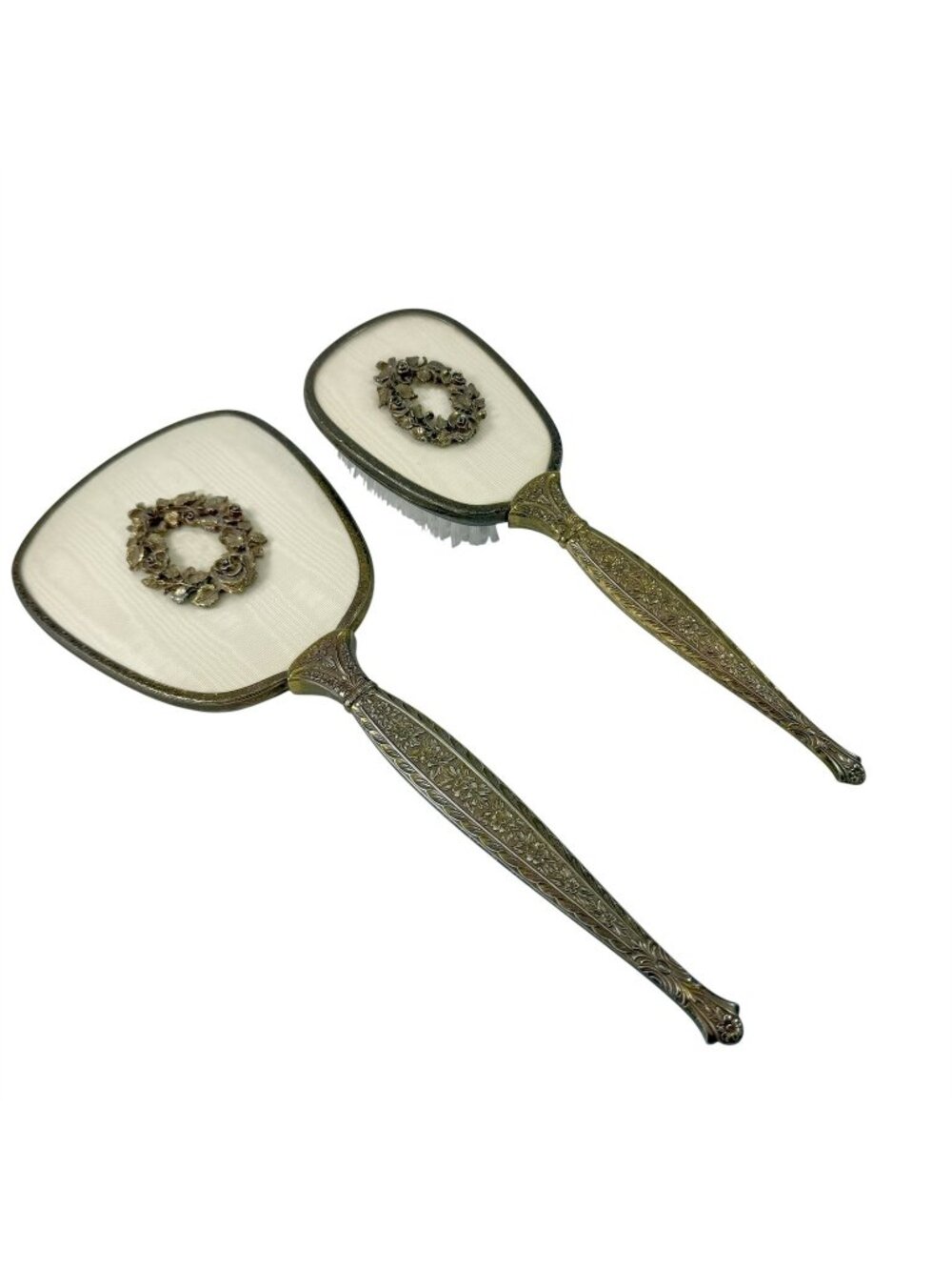Hand Mirror and Brush Vanity Dresser Set Ormolu Hollywood Regency Vintage 1950s
